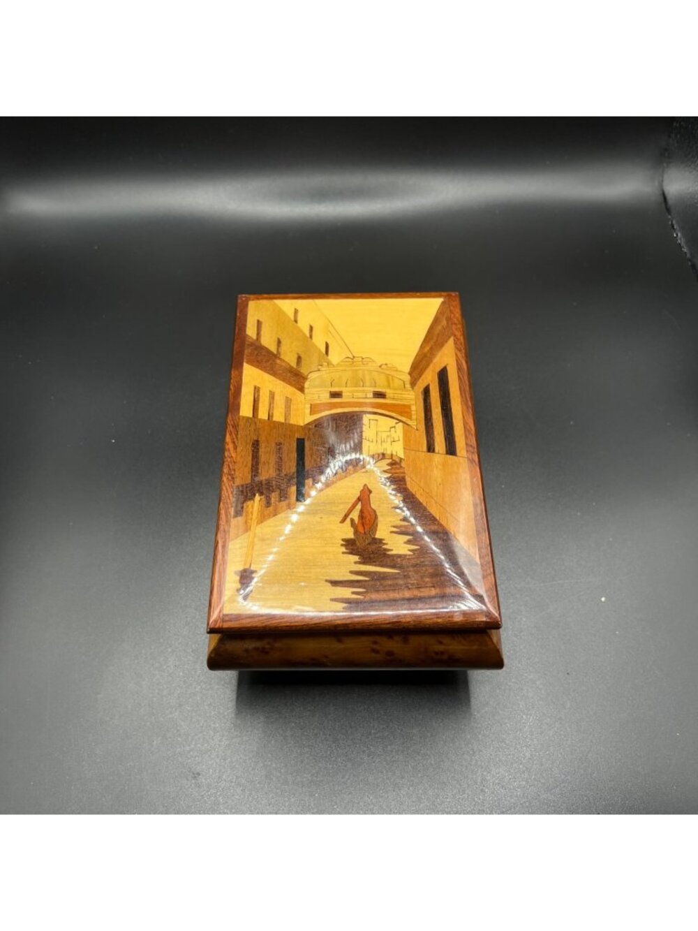 Handcrafted Wooden Jewelry Box Venetian Canal Inlay Burlwood Brass Feet Vintage